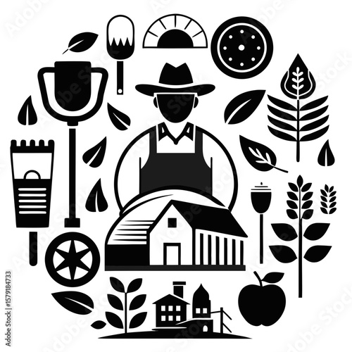 Circle of Farming: A striking graphic of a farmer surrounded by tools, produce, and structures of agricultural life, symbolizing a harvest.