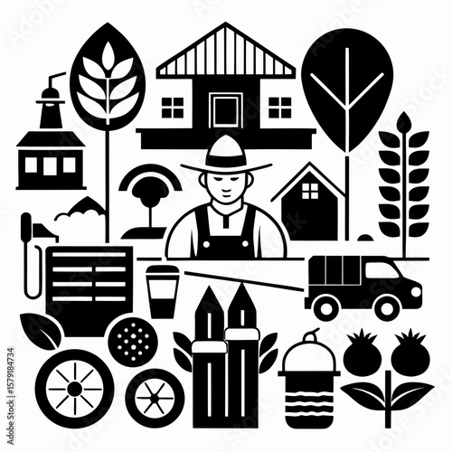 Farm Life Illustration: A detailed illustration encapsulates the essence of farm life, featuring a farmer surrounded by iconic symbols such as buildings, trees, harvest.
