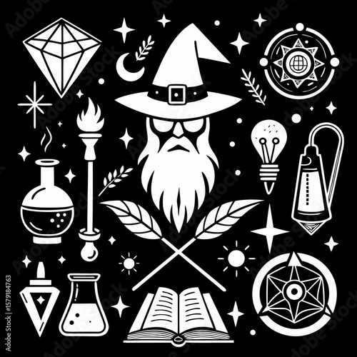 Mystical Wizard's Toolkit: A magical collection of tools, potions, and symbols against a dark backdrop, perfect for any fantasy enthusiast, this image captures the essence of mystery and enchantment.