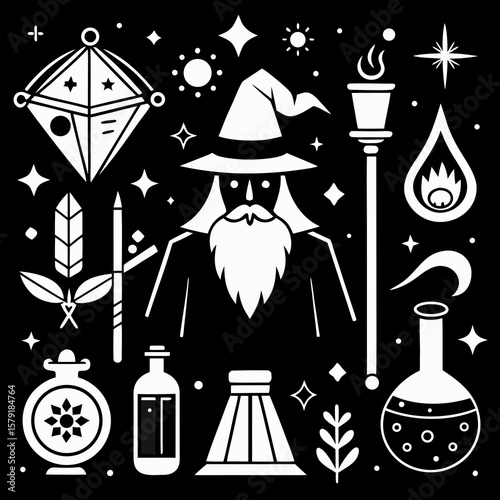Mystical Wizard's Domain: A detailed illustration showcasing the whimsical world of a wise wizard, featuring magical items. A captivating exploration of spells, potions, and starlight. 