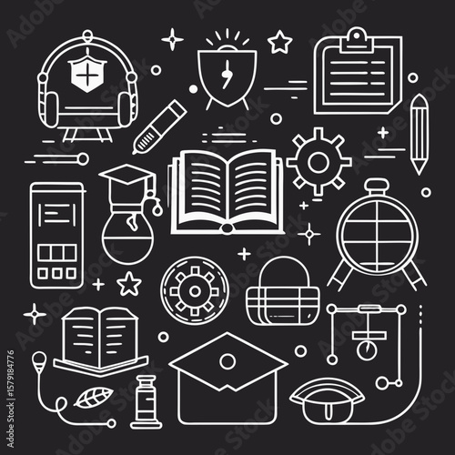 Line Art Icon Set: A captivating seamless pattern of education, study, knowledge, and back to school theme in modern line art style