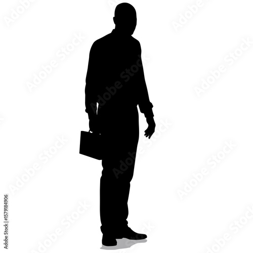 Silhouette of a man holding briefcase and standing against white background  