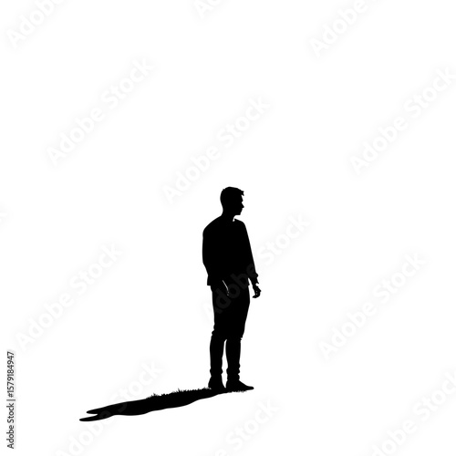 Silhouette of a man standing alone with long shadow on white background  