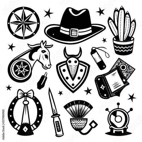 Western Cultural Emblems: A detailed black and white illustration showcases an assortment of classic western cultural symbols, offering a stylized representation of the old west heritage.