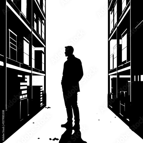Man standing in alleyway with buildings in silhouette style  