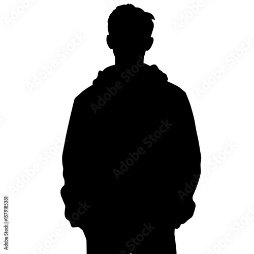 Silhouette of a young man wearing a hoodie standing against white background  