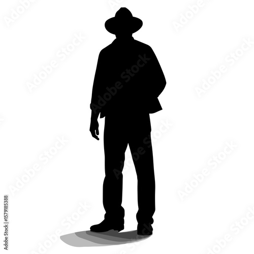Man standing in silhouette wearing a hat and casual attire  