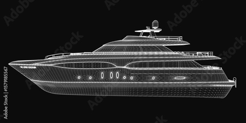 Luxury yacht 3D model blueprint on black background features detailed hull, sails, and deck layout. The design highlights precision engineering and sleek aesthetics.