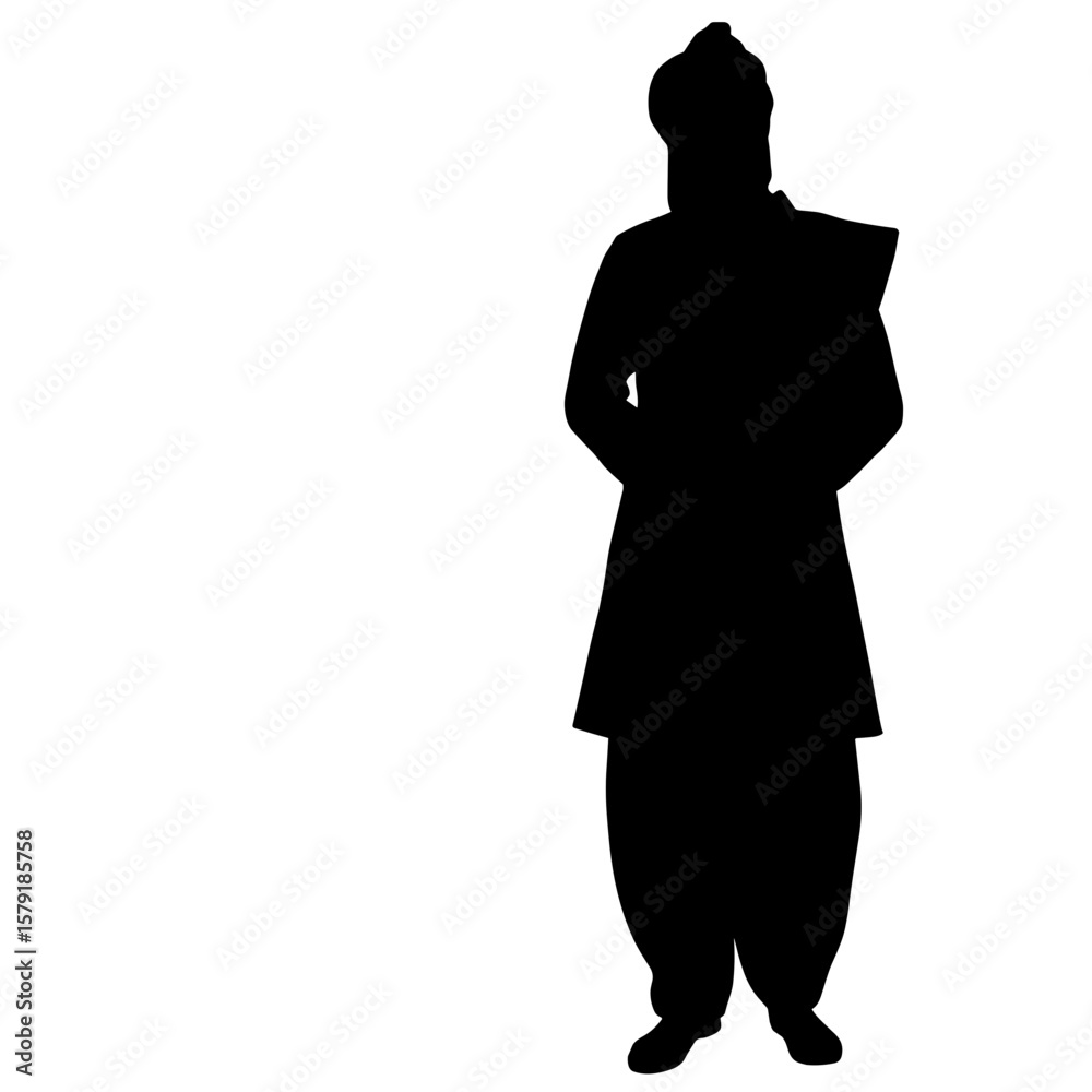Silhouette of man wearing traditional attire standing with hands clasped Silhouette of man wearing traditional attire standing with hands clasped