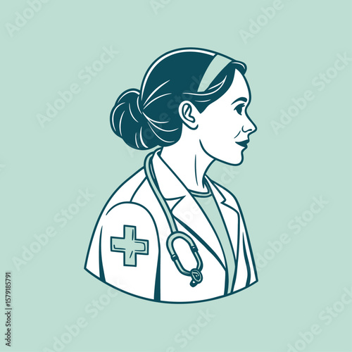 Young woman doctor cartoon vector illustration with stethoscope and smiling face