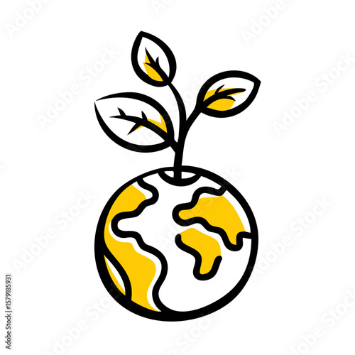 Earth with Sprouting Plant hand drawing icon for web and graphic design