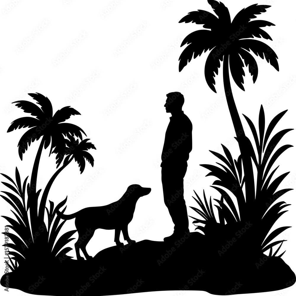 Man standing with dog in silhouette among tropical plants Man standing with dog in silhouette among tropical plants