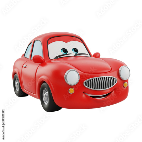 Cute and friendly red cartoon car with happy smile and big eyes, isolated on transparent background
