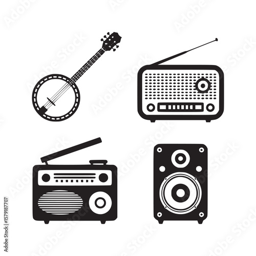A graphic illustration of a banjo, two radios, and a speaker in black and white color scheme