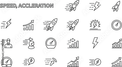 Speed, acceleration line icon set. Vector pictograms of fast movement, progress, quick actions, rocket, speedometer, lightning bolt, rapid growth dynamic