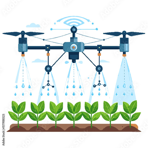 Aerial drone is spraying water over crops, showing agricultural technology applications and promoting modern farming and advanced precision irrigation.
