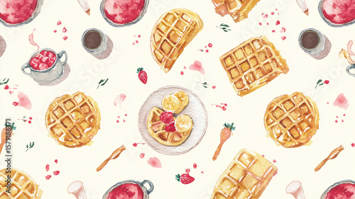 Delightful watercolor waffles with fruits and syrup create sweet brunch vibe