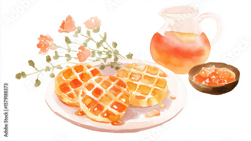 Delicious waffles with syrup and flowers create warm, inviting brunch scene