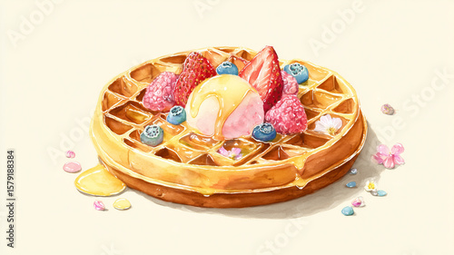 Delicious watercolor waffle topped with ice cream and fresh berries