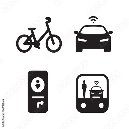A collection of black silhouette icons representing transportation modes and a user interface element