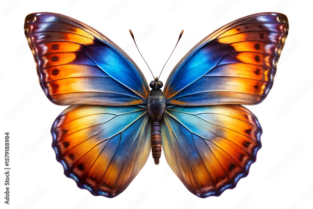 Fototapeta premium Vibrant Blue and Orange Butterfly Wings: Close-up Macro Studio Shot, Isolated on Black Background.
