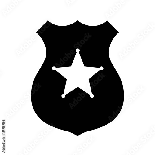 Sheriff Badge Icon: A simple yet powerful black and white icon of a classic sheriff's badge, featuring a five-pointed star at its center, symbolizing law, order, and protection.