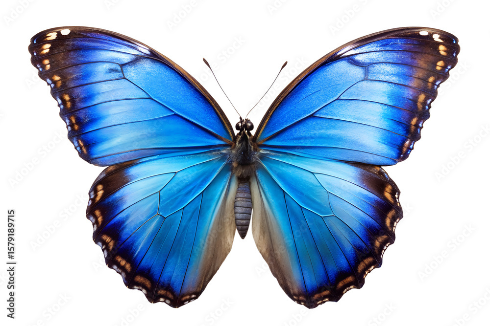 Fototapeta premium Vibrant Blue Morpho Butterfly: Detailed Macro Shot, Isolated on Black, Serene and Elegant.