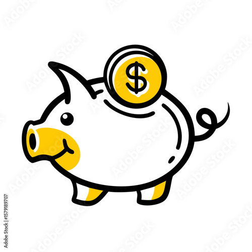 Piggy Bank with Coin hand drawing icon for web and graphic design