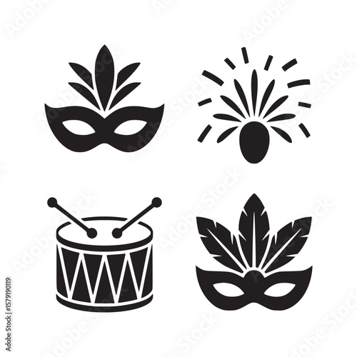 A set of four black and white icons featuring masks, a drum, and a firework burst design element