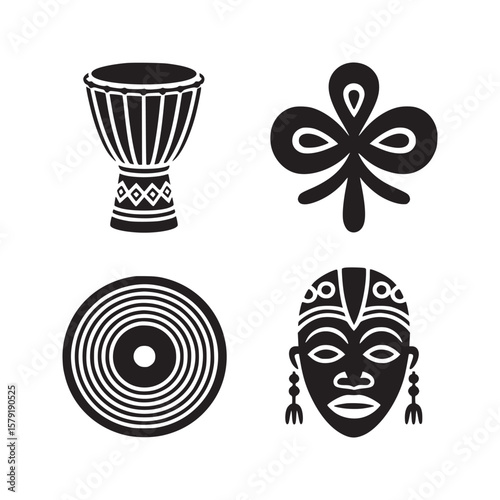 Four african themed black and white icons featuring a drum mask symbol and concentric circles