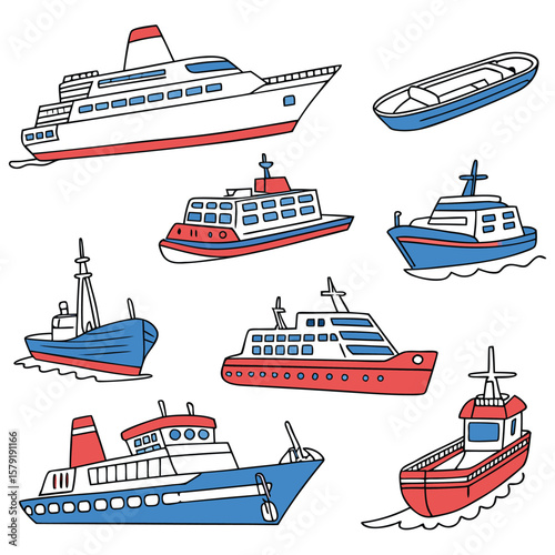 Collection various ships isolated on white background in a flat style. Water transport illustrations for design.