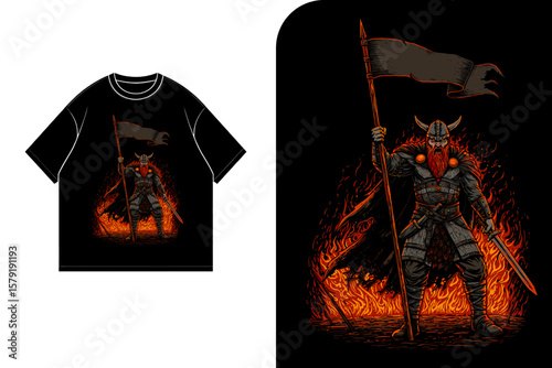 Fierce Viking warrior, clad in armor, holding a banner amidst flames, depicted on a black t-shirt design.
