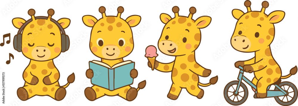 Fototapeta premium Cute Little Giraffe Character Set Doing Activities – Vector Illustration