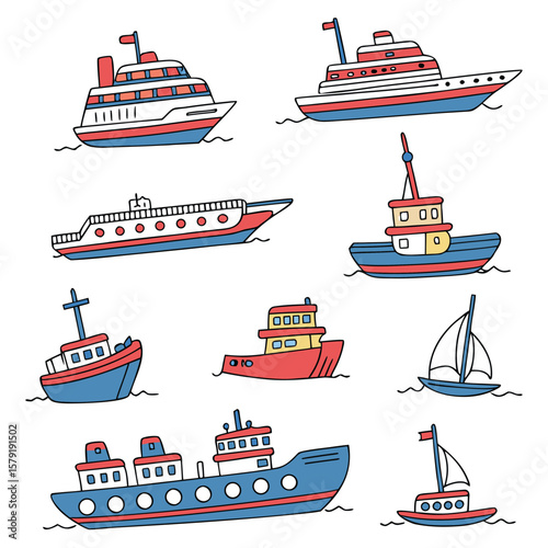 Collection various ships isolated on white background in a flat style. Water transport illustrations for design.