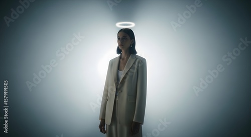 Serene Woman with Halo A Vision of Purity and Light, embodying angelic qualities, ethereal beauty.