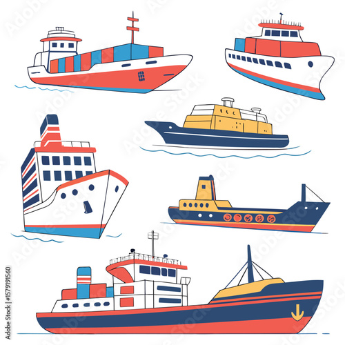 Collection various ships isolated on white background in a flat style. Water transport illustrations for design.