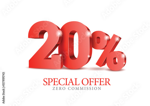 20 percent number. Eighty number in red 3d. Poster template for discount, sale discount, work progress. Vector illustration