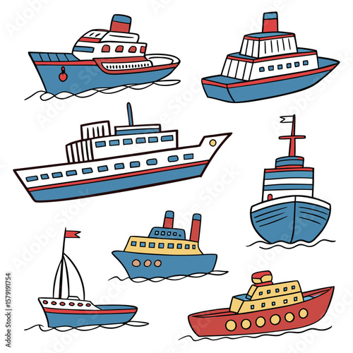 Collection various ships isolated on white background in a flat style. Water transport illustrations for design.