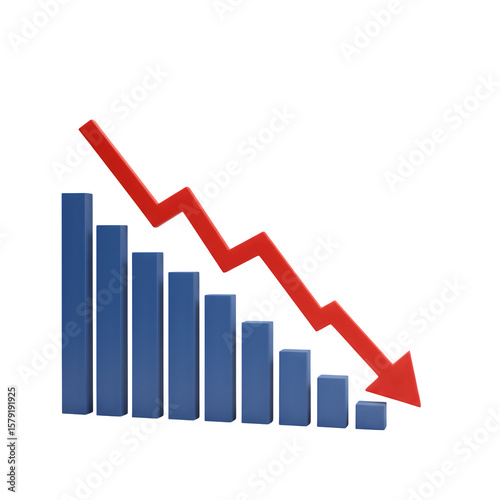 Declining graph with arrow 3d style  isolated on transparent background