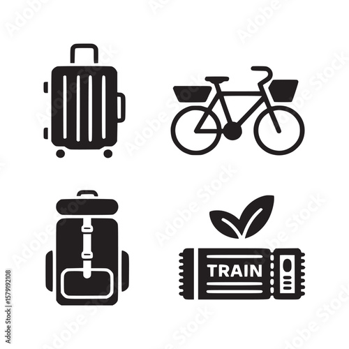 Icons depicting travel elements including a suitcase a bicycle a backpack and a train ticket image