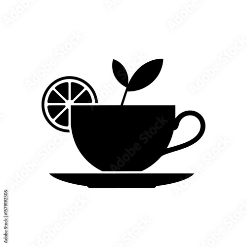 silhouette of a teacup with lemon and leaf in black and white vector art