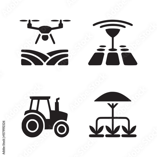 Four farming icons showing a drone over fields, sensor network, tractor, and crop protection system