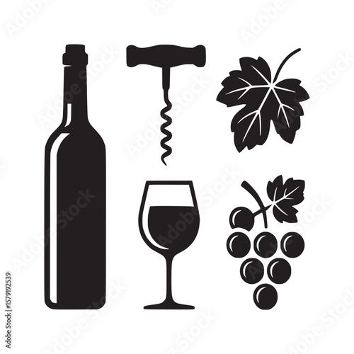 A black and white vector illustration of a wine bottle corkscrew glass grapes and a leaf design element