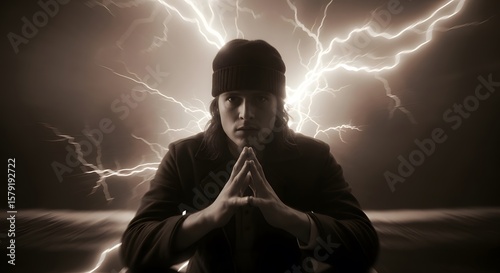 Powerful Figure with Lightning Backdrop A Study in Atmospheric Intensity and Contemplation