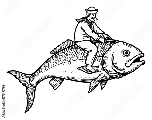 A Cartoon Style Sailor Riding a Big Fish Side View Black and White Outline Line Art Drawing Vintage Engraving