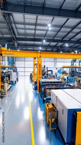 Brightly lit industrial interior featuring manufacturing equipment on a blue floor with a yellow overhead crane system above.