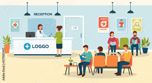 A doctor attends to a patient at the reception desk while people wait in the hospital waiting room.
