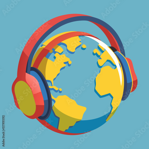  Globe Wearing Headphones – Bright Stylized Illustration of Global Music and Connectivity