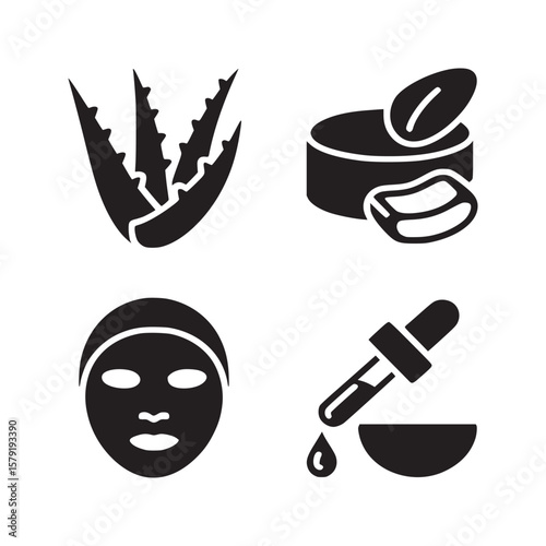 Silhouette illustration of aloe vera plant cream mask and dropper for skincare treatment icons set