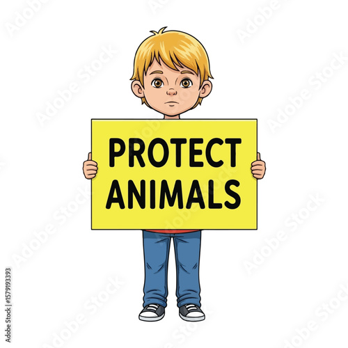 A young boy solemnly holds a sign advocating for animal protection.